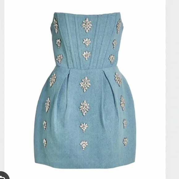 Bronx and Banco - Maraya Denim jean Blue Diamond Embellished Mini Dress- Revolve - Picture 3 of 7